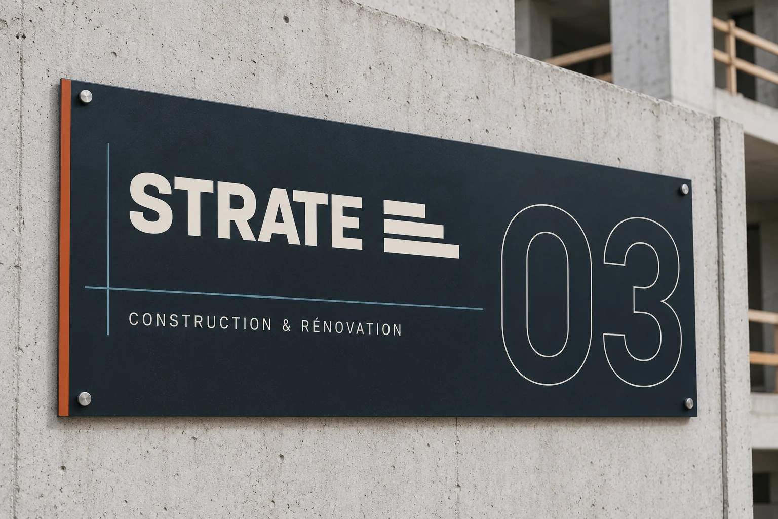 Signalétique conceptuelle STRATE sur un mur de chantier