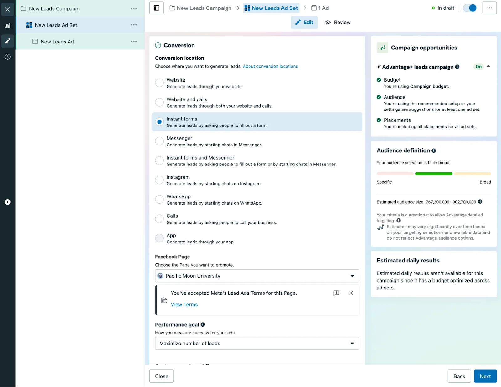 Meta Ads interface: preparing a lead generation campaign.
